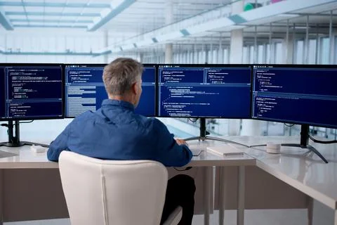 Professional Software Programmer Developing Code On Office Computer Screen, E Stock Photos