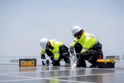 Professional solar panel installer engineer team installing photovoltaic sy.. Stockfoto's