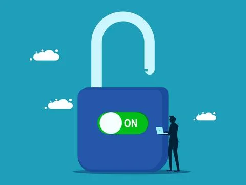 Professional to solve problems. Businessman turns on switch to unlock pad Stock Illustration