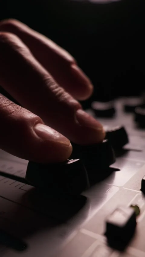 Professional Sound Engineer Hand Adjusting Volume Levels on Audio Mixer Fader Stock Footage 334738237