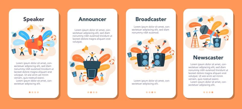 Professional speaker, commentator mobile application banner set. Stock Illustration