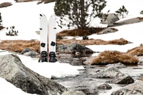 Professional splitboard stands in the snow next to a mountain stream on a Photos