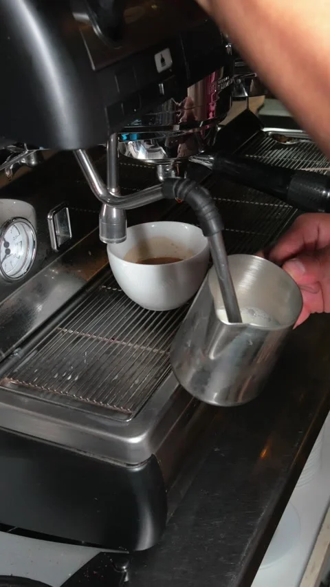 Professional steaming of milk foam using industrial coffee machine Video stock 343913114
