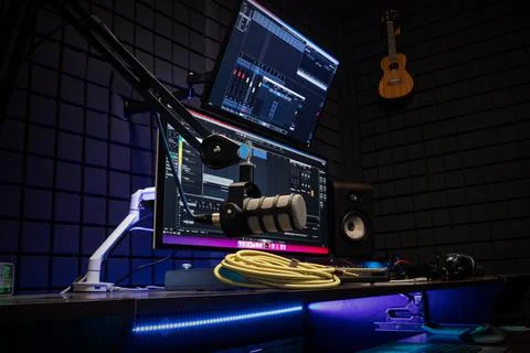 Professional studio condenser microphone in modern music recording studio wit Stock Photos