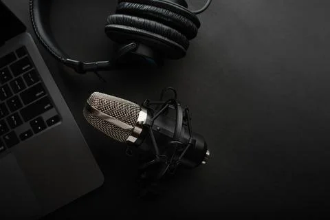 Professional studio equipment on a gray background. Studio headphones, studio Stock Photos