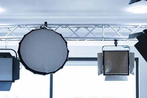 Professional Studio Lighting Setup with Softbox and LED Panel Stock Photos