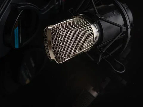 Professional studio microphone on a black background. Close-up. Recording stu Stock Photos