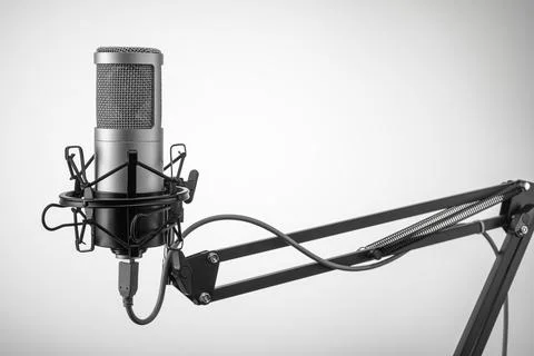 Professional studio microphone on the stand. Audio recording or podcast con.. 스톡 사진