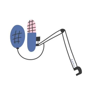 Professional studio podcaster microphone with pop filter on arm stand with desk Stock Illustration