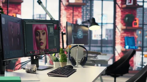 Professional studio setup for AI generated content and photography editing Stock Footage 308672298