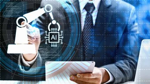 Professional in suit using tablet with digital AI and robotic arm overlays,.. Stock Photos