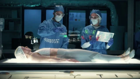 Professional surgeons use augmented reality holographic technology with patient Stock Footage 160566779