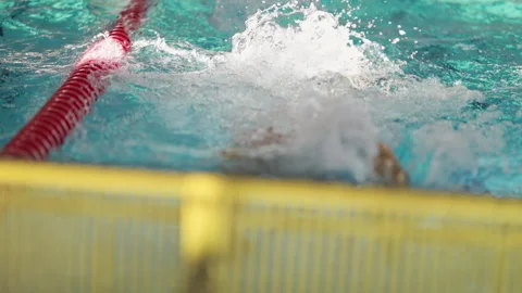 Professional swimmer doing backstroke in a competition pool Stock Footage 330294361