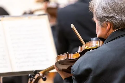 Professional symphonic string orchestra performing on stage and playing a 库存照片