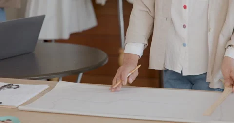 Professional Tailor Drawing Clothing Patterns On Fabric At Workbench Medium.. Stock Footage 336247203