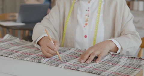Professional Tailor Marking Checkered Fabric For Custom Clothing Design In .. Stock Footage 336247836