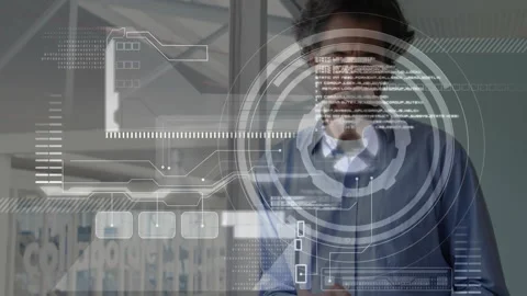 Professional tapping tablet in office, activating 3D facade, pie chart and code Stock Footage 309721477