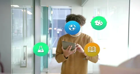 Professional tapping tablet screen and activating icons orbiting corridor Stock Footage 318667966