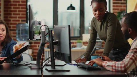 Professional team of developers working with 3d graphics software Stock Footage 223046949