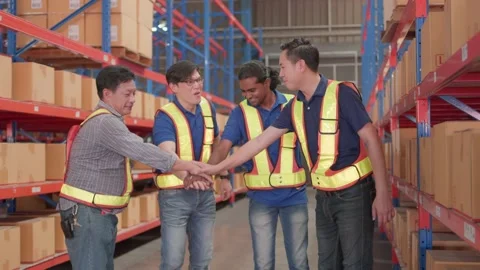 Professional, teamwork and Unity of group warehouse workers in factory storeh Video stock 217748719