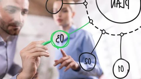Professional teamwork visualizing business strategy, businessman marking key 스톡 사진