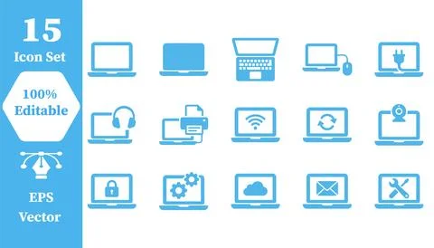 Professional tech laptop connectivity flat icons for digital user interfaces Stock Illustration