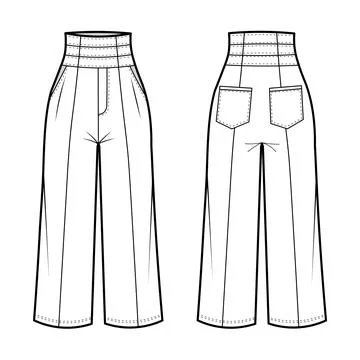 Professional technical drawing of women's high-rise wide-leg pants featuring Stock Illustration