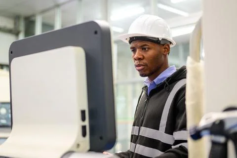 Professional technician checking part of automatic machine at factory Stock Photos