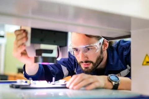 Professional technician checking part of automatic machine at factory Stock Photos