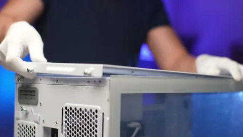 Professional technician in gloves repairing computer, assembling PC system unit 스톡 동영상 270135995