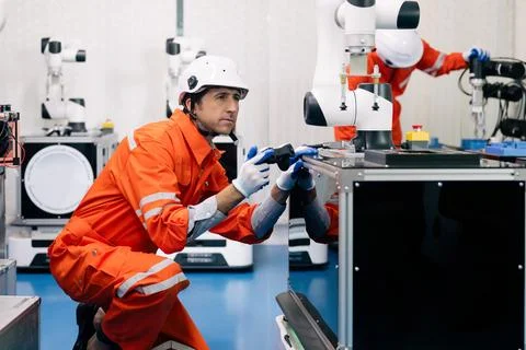 Professional technician holding robot controller checking automatic machine Stock Photos