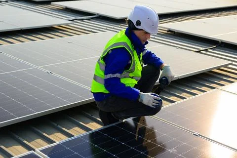 Professional technicians installing solar panels on rooftop of plant Stock Photos