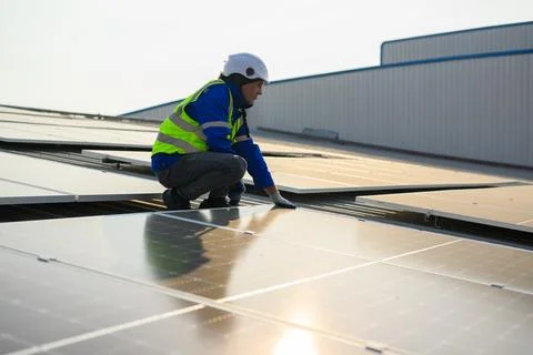 Professional technicians installing solar panels on rooftop of plant Stock Photos