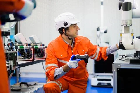 Professional technicians team checking parts of automatic robotic machine Stock Photos
