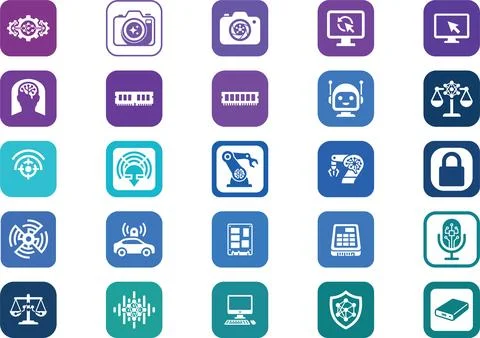 Professional technology interface icons in diverse colors for software desi.. Stock Illustration