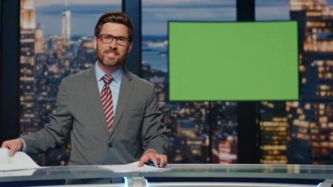Professional television presenter ending evening newscast standing modern studio Stock Footage 255334008