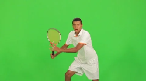 Professional tennis player makes different types of shots on a green screen Video stock 59508945