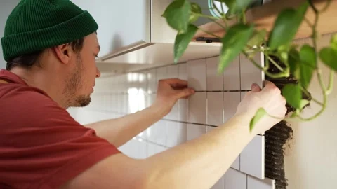 Professional tiler installing white ceramic tiles on a kitchen wall backsplash Stock Footage 330198671