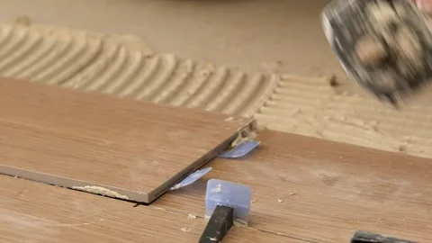 Professional tiler laying wood effect ceramic tiles on floor Stock Footage 346448816