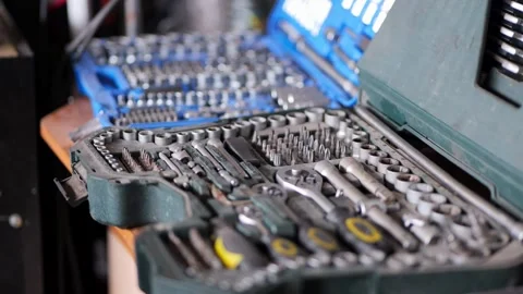 Professional Tool Kits with Sockets and Ratchets Close Up Stock Footage 331675140