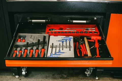 Professional tool set in the box of the car maintenance station Stock Photos