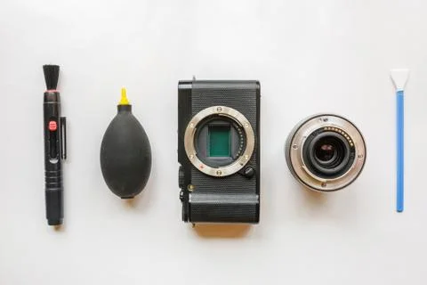 Professional tools for digital APS-C dirty camera matrix sensor cleaning Stock Photos