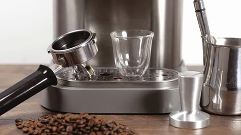 Professional tools for making coffee. Preparing espresso items set for barista. Stock Footage 112679516