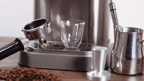 Professional tools for making coffee. Preparing espresso items set for barista. Stock Footage 112679717