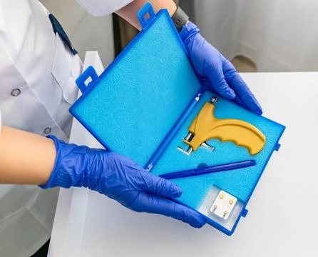 Professional tools for piercing the ear in a special blue box of the piercing Stock Photos