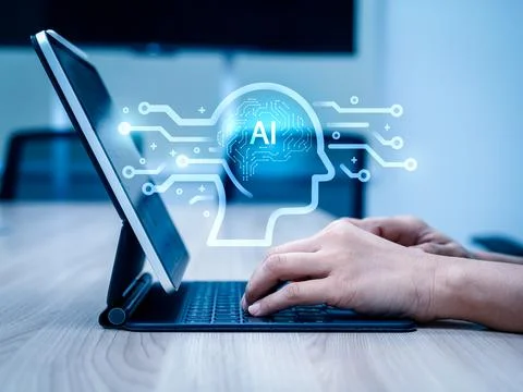 Professional types on tablet keyboard with an AI interface overlay. Artific.. Stock Photos