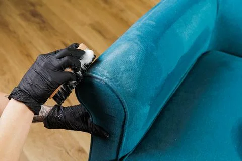 Professional Upholstery Cleaning Process with Brush on Sofa Stock Photos