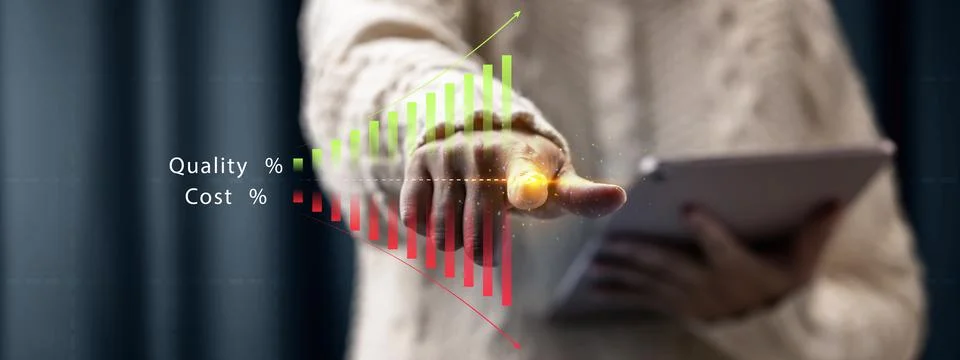 A professional uses a tablet to visualize a holographic chart showing risin.. Stock Photos