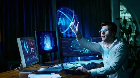 Professional using holographic AI interface in dark office with screens. Collage Stock Photos