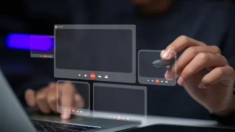 Professional using stylus for virtual meeting and video conference on digit.. Stock Photos